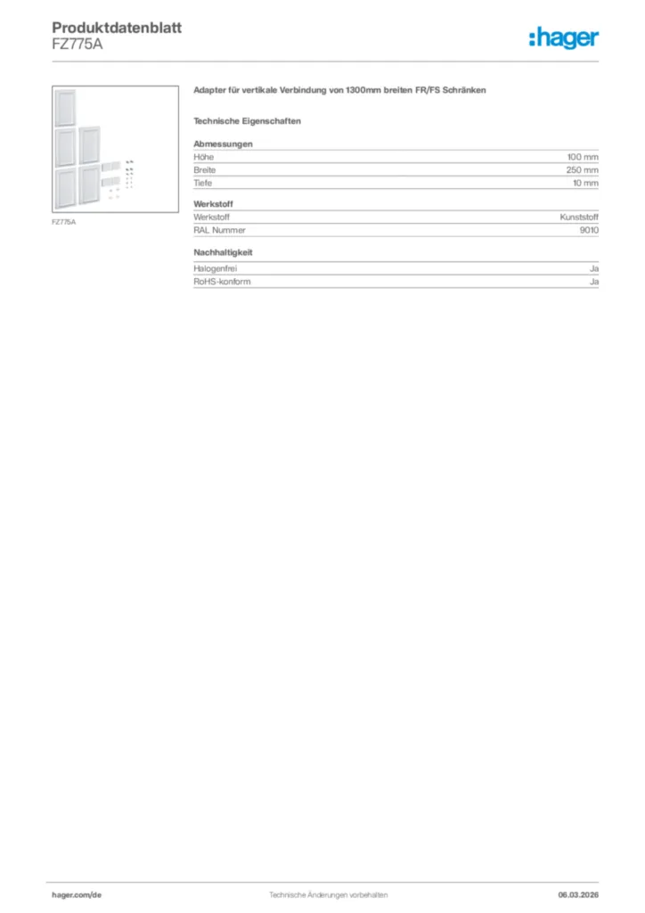 Bild Hager Produktdatenblatt FZ775A | Hager Deutschland