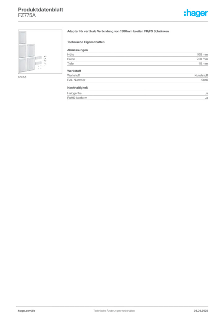 Hager Produktdatenblatt FZ775A
