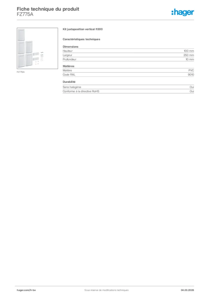 Image Hager Fiche technique du produit FZ775A | Hager Belgique