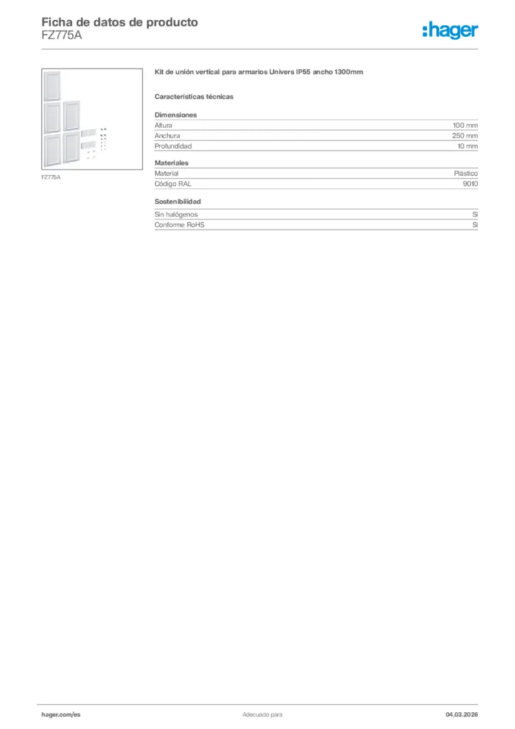 Imagen Hager Ficha de datos de producto FZ775A | Hager España