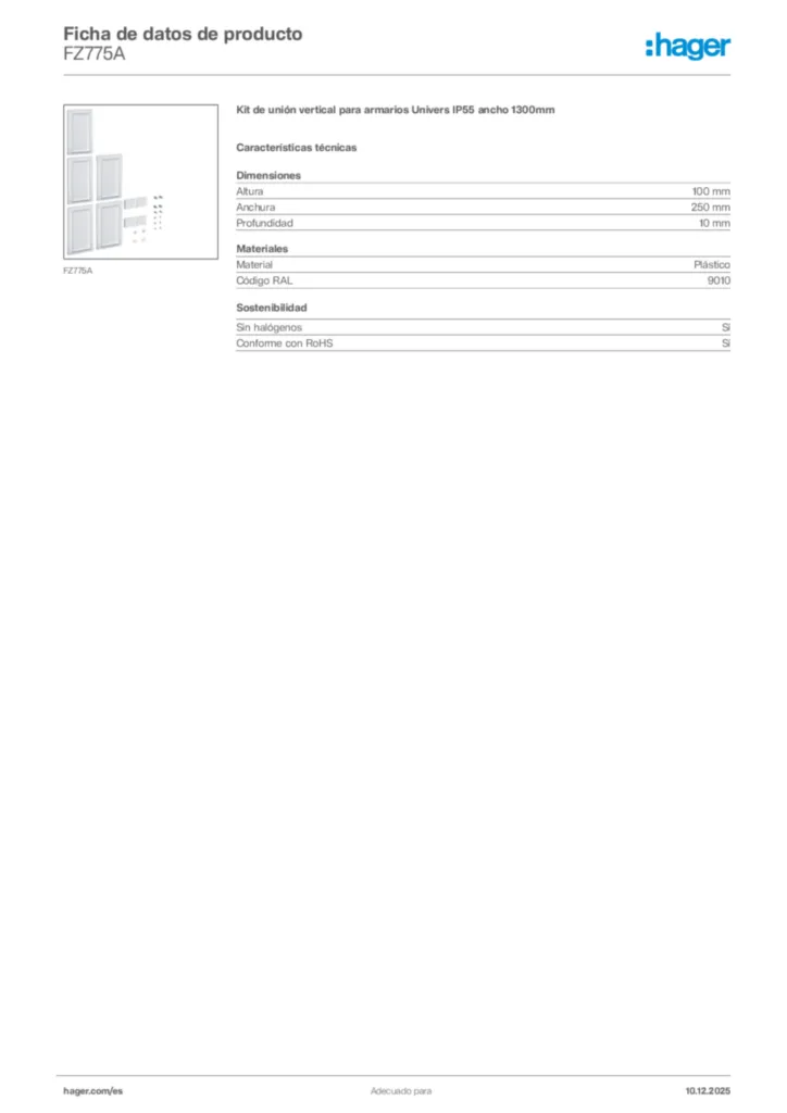 Imagen Hager Ficha de datos de producto FZ775A | Hager España