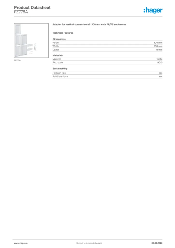 Image Hager Product data sheet FZ775A  | Hager