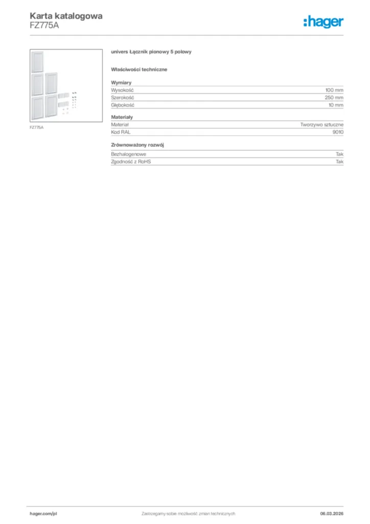 Zdjęcie Hager Karta katalogowa FZ775A | Hager Polska