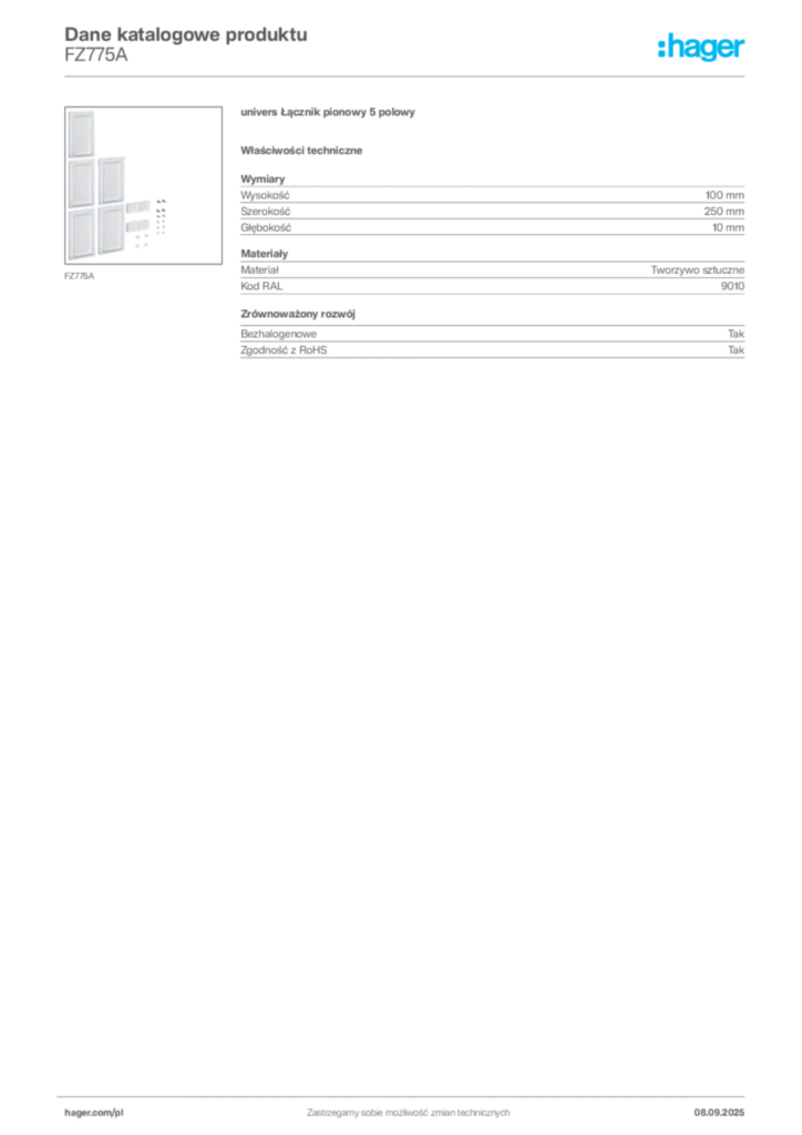 Zdjęcie Hager Dane katalogowe produktu FZ775A | Hager Polska