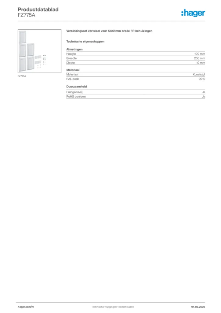 Afbeelding Hager Productdatablad FZ775A | Hager Nederland