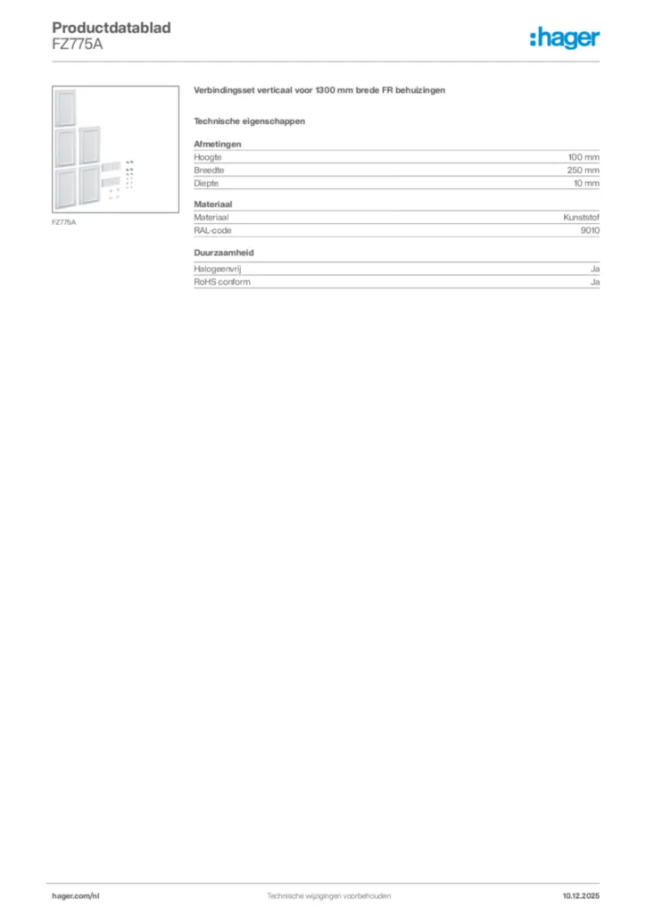 Afbeelding Hager Productdatablad FZ775A | Hager Nederland