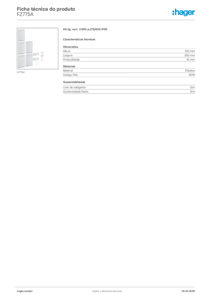 Imagem Hager Ficha técnica do produto FZ775A | Hager Portugal