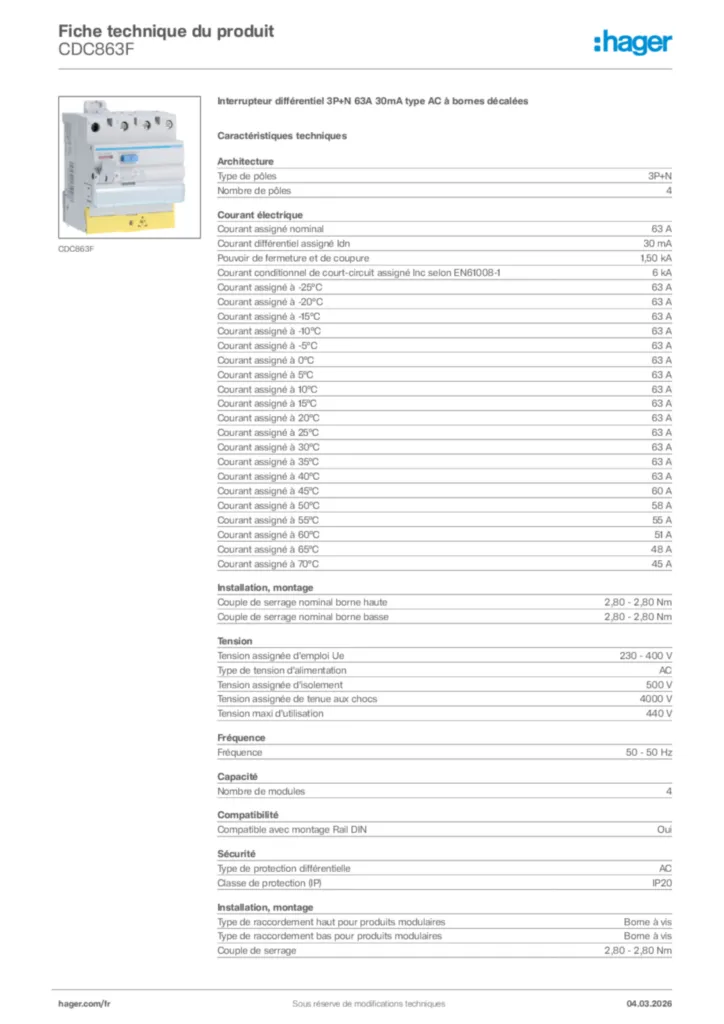 Image Hager Fiche technique du produit CDC863F | Hager France