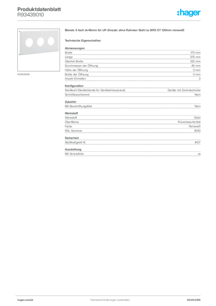 Bild Hager Produktdatenblatt R93439010 | Hager Deutschland