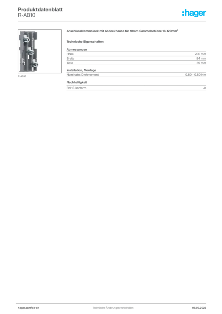 Bild Hager Produktdatenblatt R-AB10 | Hager Schweiz