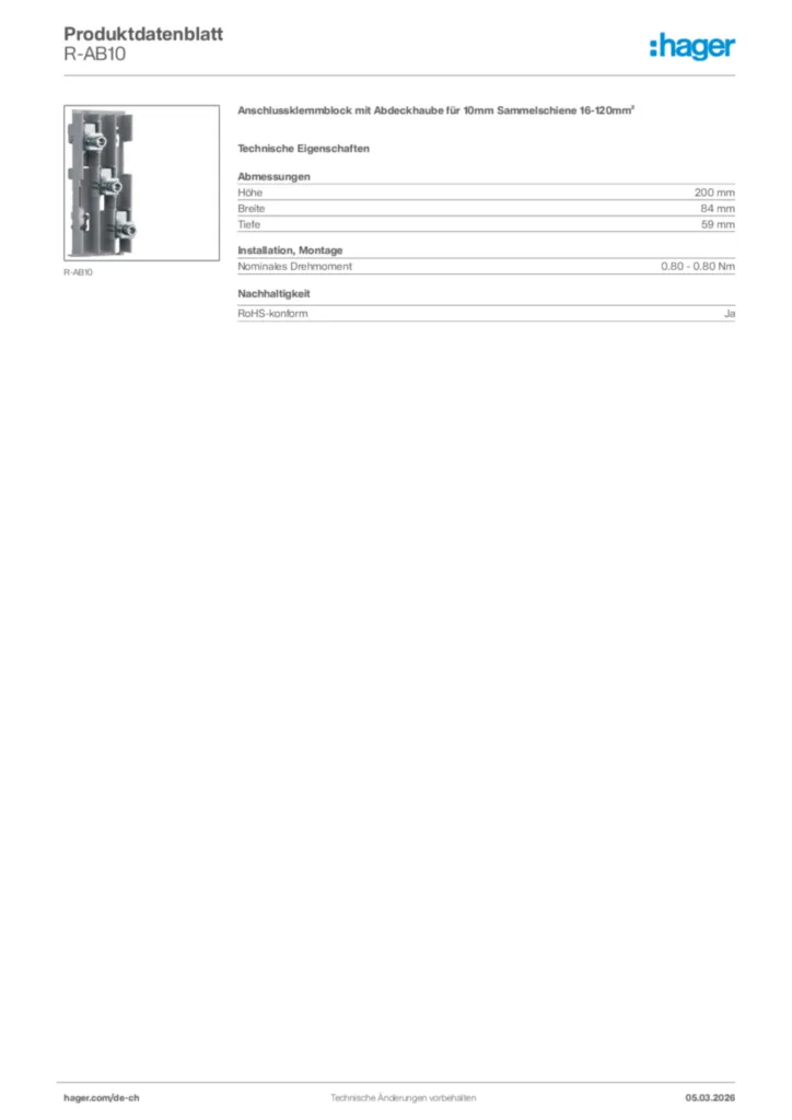 Bild Hager Produktdatenblatt R-AB10 | Hager Schweiz