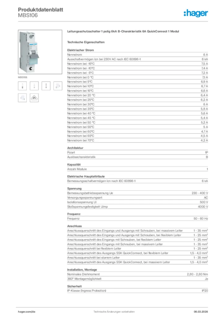 Bild Hager Produktdatenblatt MBS106 | Hager Deutschland