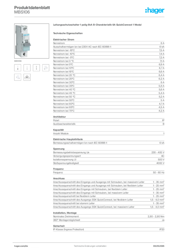 Hager Produktdatenblatt MBS106