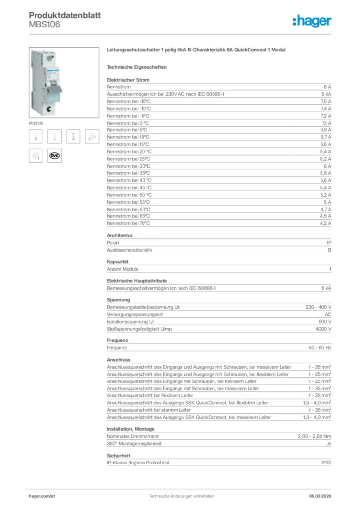 Bild Hager Produktdatenblatt MBS106 | Hager Deutschland