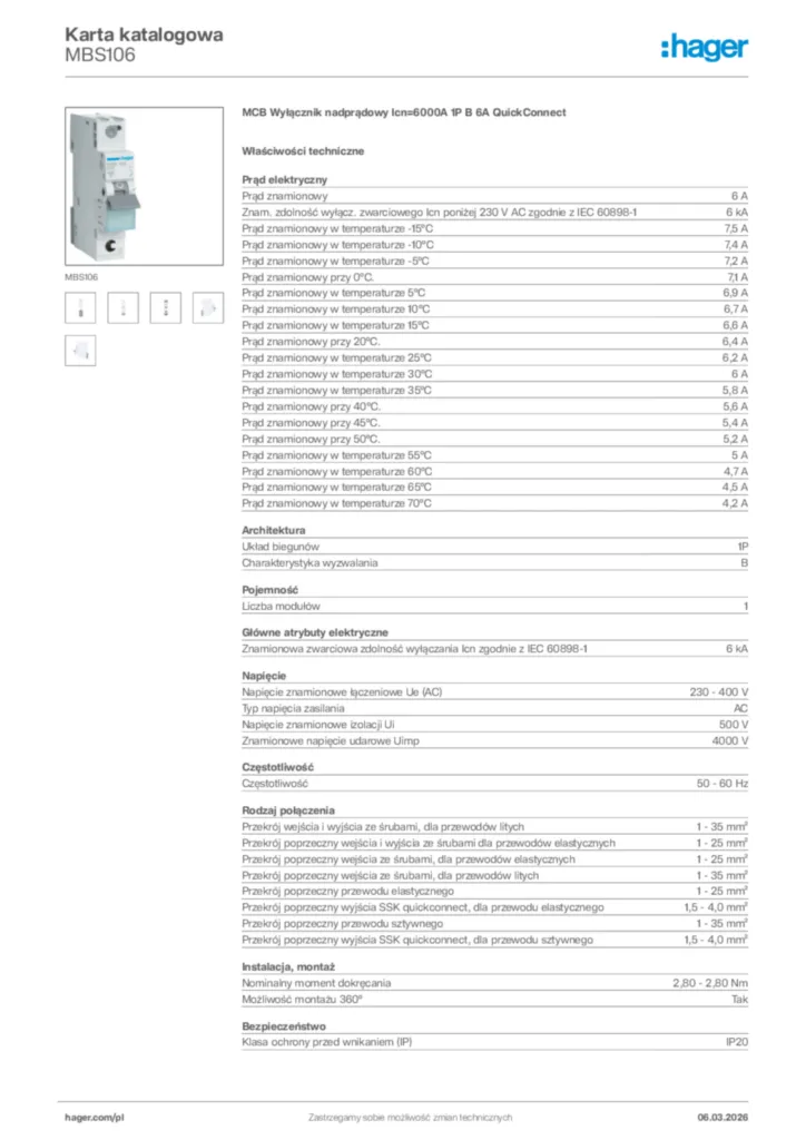 Zdjęcie Hager Karta katalogowa MBS106 | Hager Polska