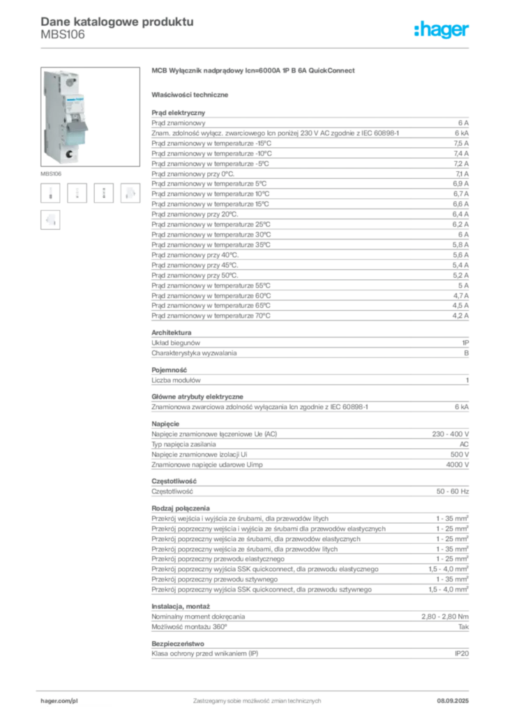 Zdjęcie Hager Dane katalogowe produktu MBS106 | Hager Polska