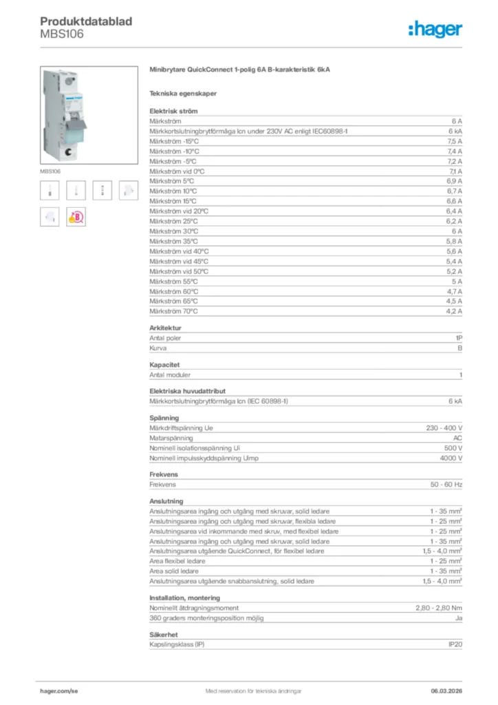 Bild Hager Produktdatablad MBS106 | Hager Sverige