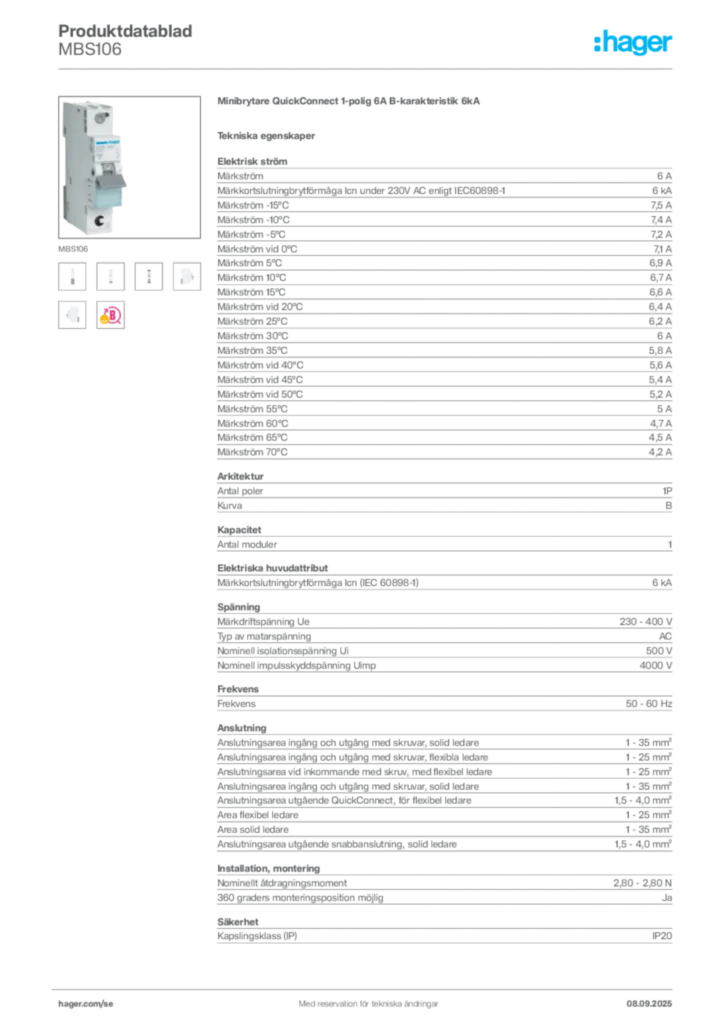 Bild Hager Produktdatablad MBS106 | Hager Sverige