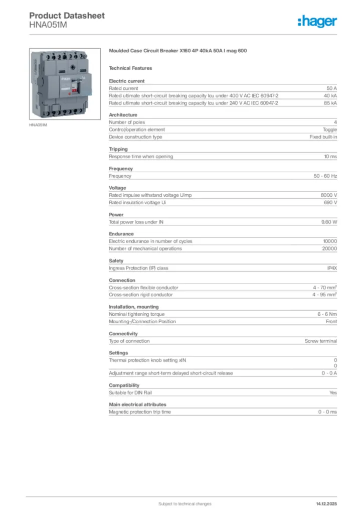 Image Hager Product data sheet HNA051M  | Hager Africa