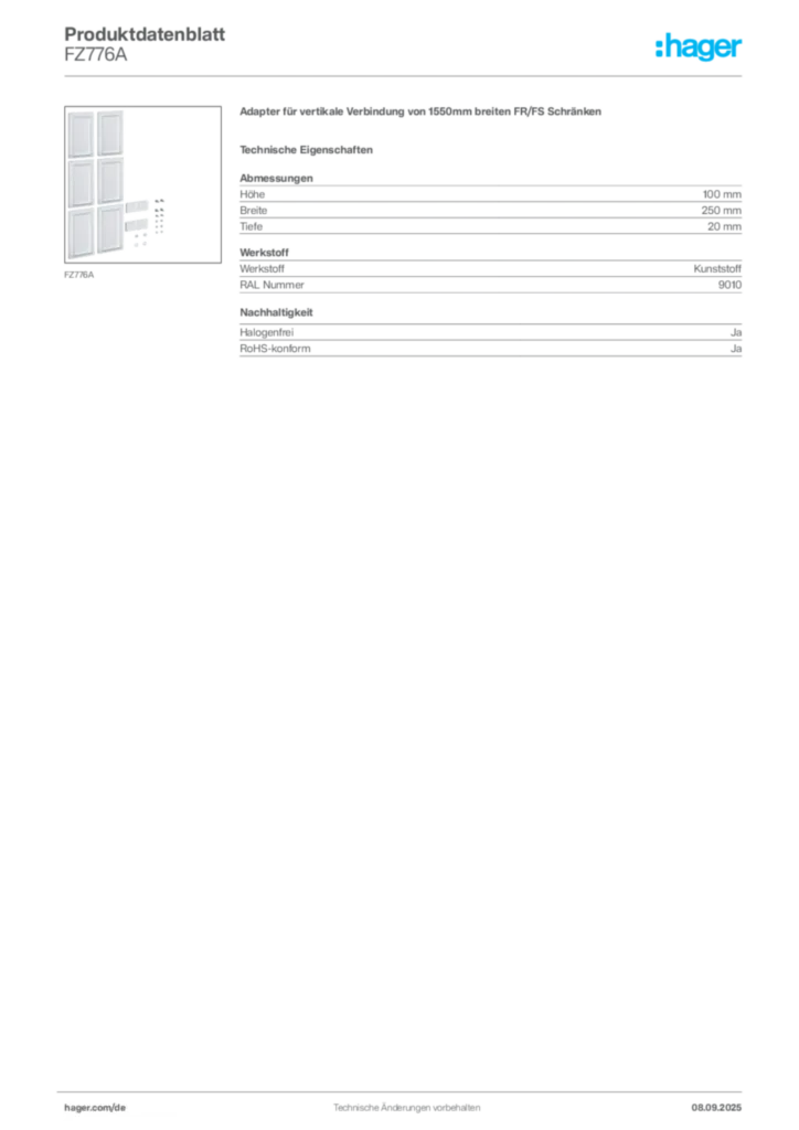 Hager Produktdatenblatt FZ776A