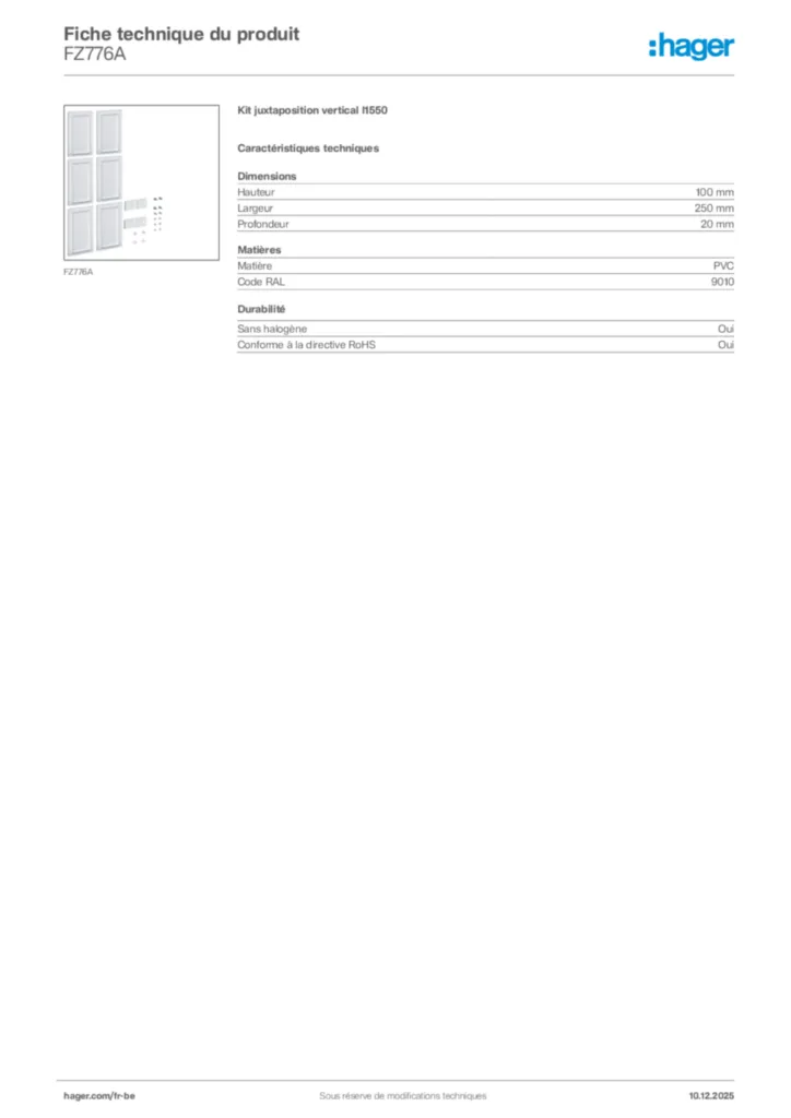 Image Hager Fiche technique du produit FZ776A | Hager Belgique