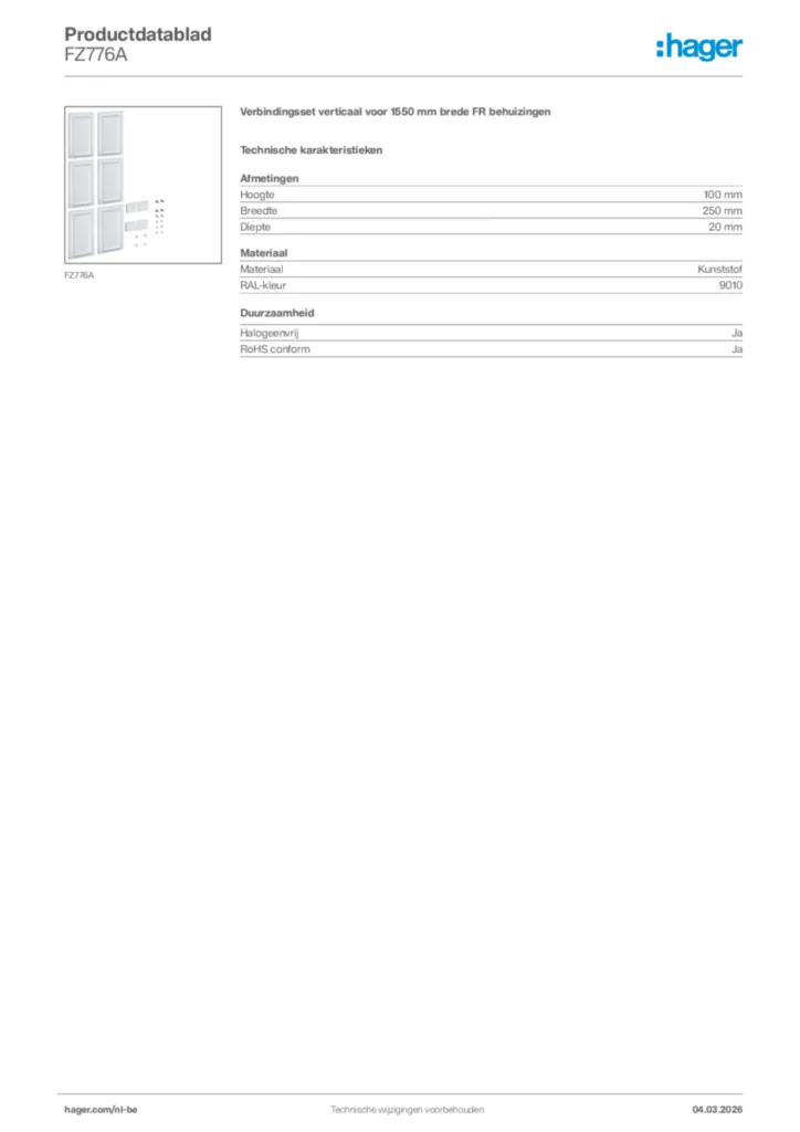 Afbeelding Hager Productdatablad FZ776A | Hager Belgium