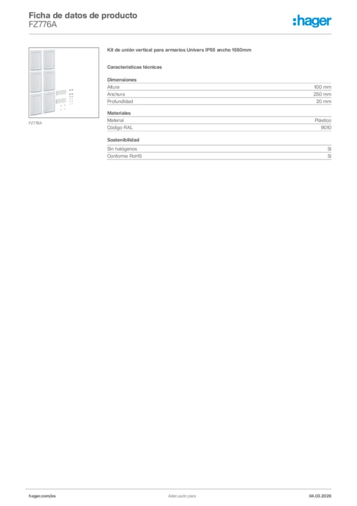Imagen Hager Ficha de datos de producto FZ776A | Hager España