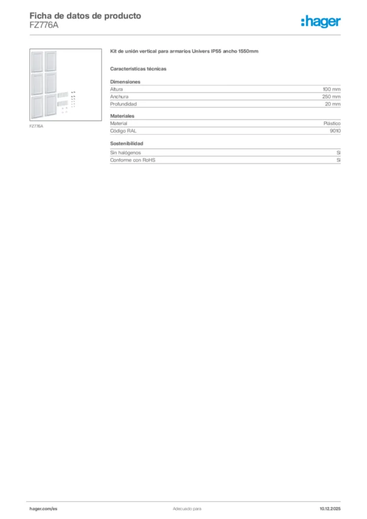 Imagen Hager Ficha de datos de producto FZ776A | Hager España