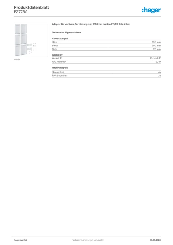 Bild Hager Produktdatenblatt FZ776A | Hager Deutschland
