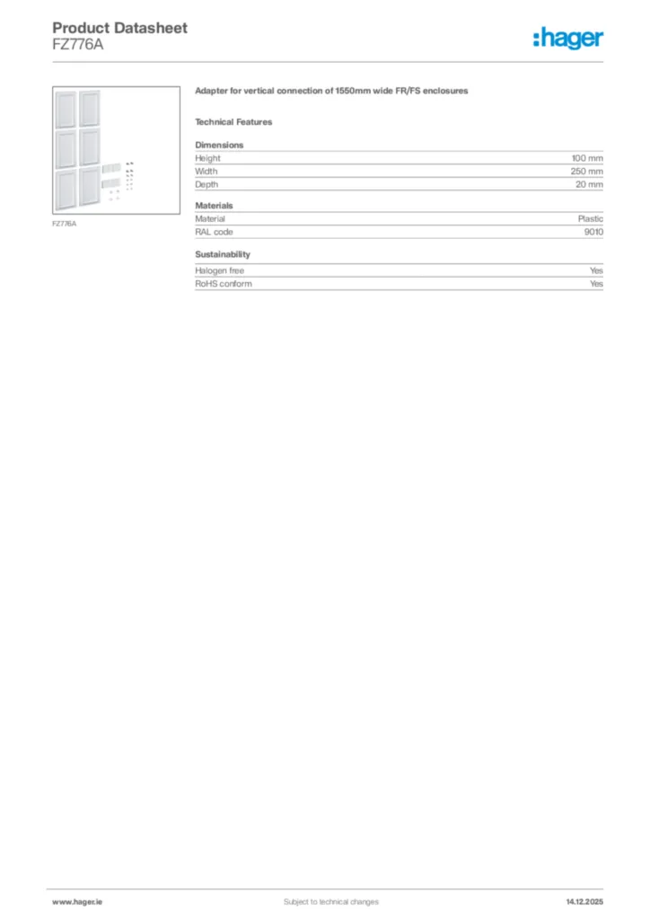Image Hager Product data sheet FZ776A  | Hager