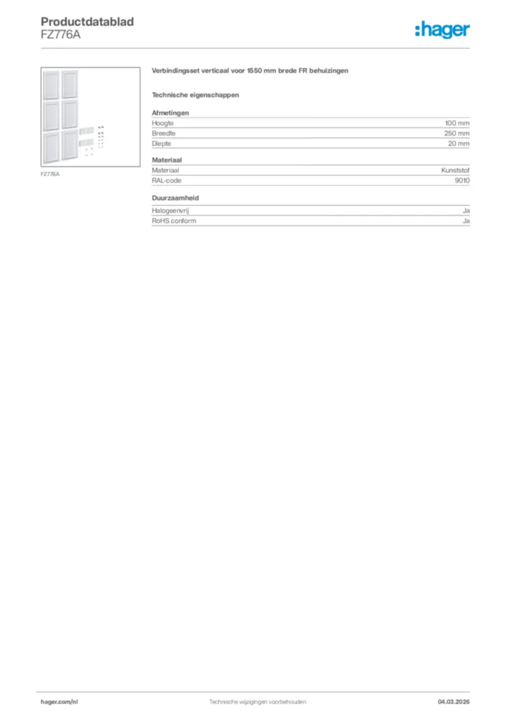 Afbeelding Hager Productdatablad FZ776A | Hager Nederland