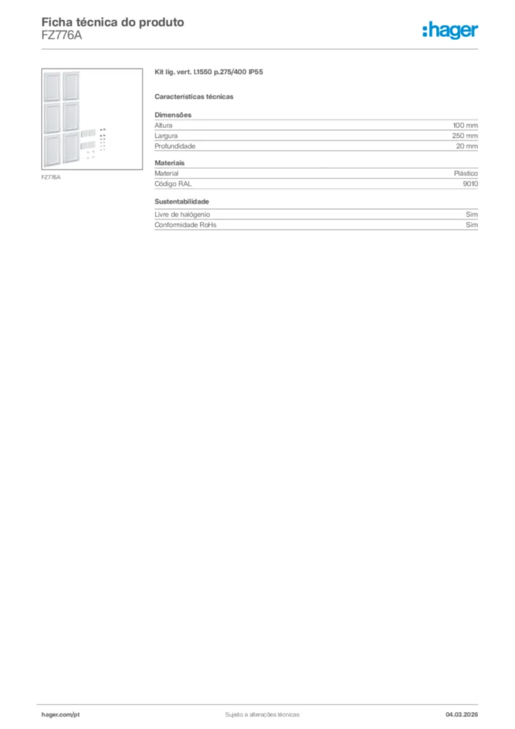 Imagem Hager Ficha técnica do produto FZ776A | Hager Portugal