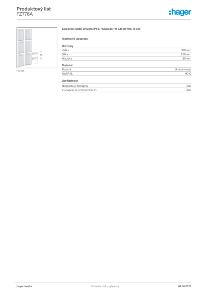 Obrázek Hager Product data sheet FZ776A | Hager