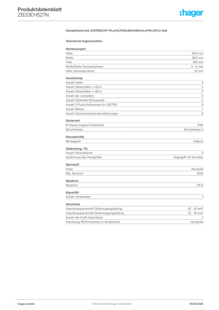 Bild Hager Produktdatenblatt ZB33EH527N | Hager Deutschland
