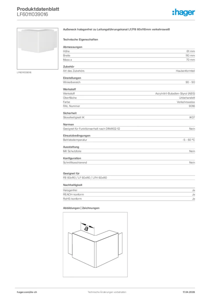 Bild Hager Produktdatenblatt LF6011039016 | Hager Schweiz