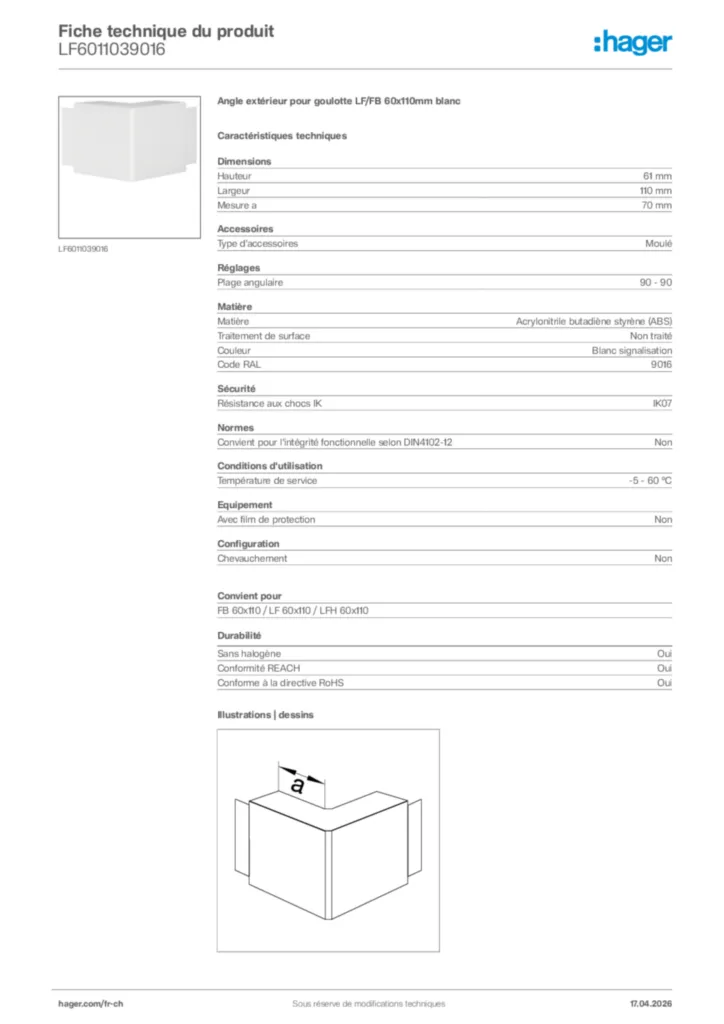 Image Hager Fiche technique du produit LF6011039016 | Hager Suisse