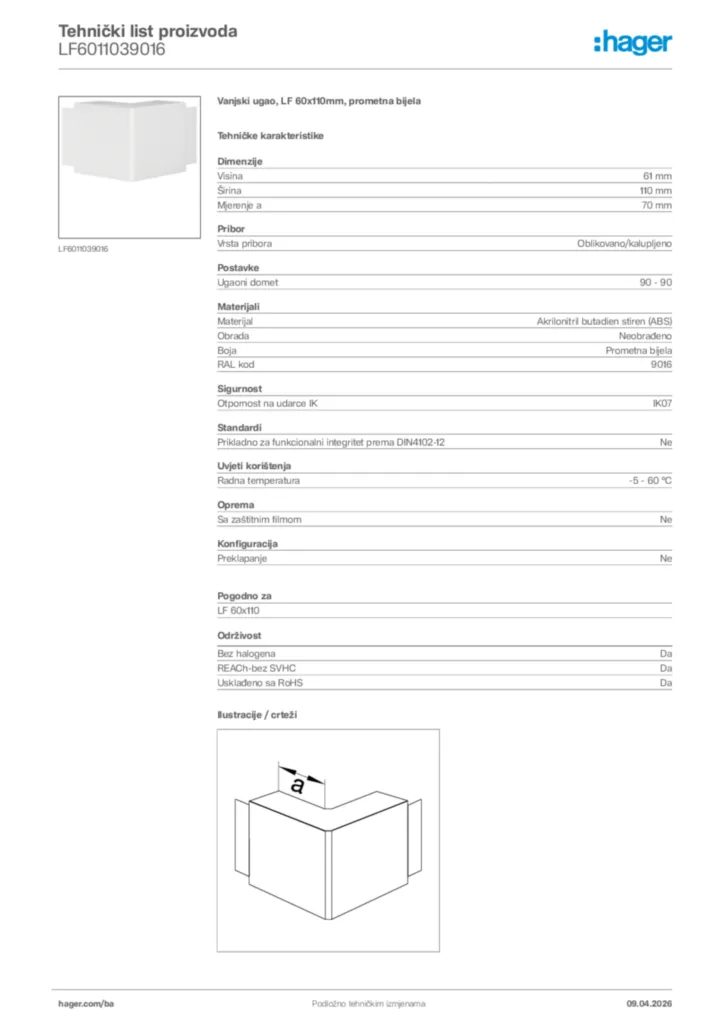 Slika Hager Tehnički list proizvoda LF6011039016  | Hager