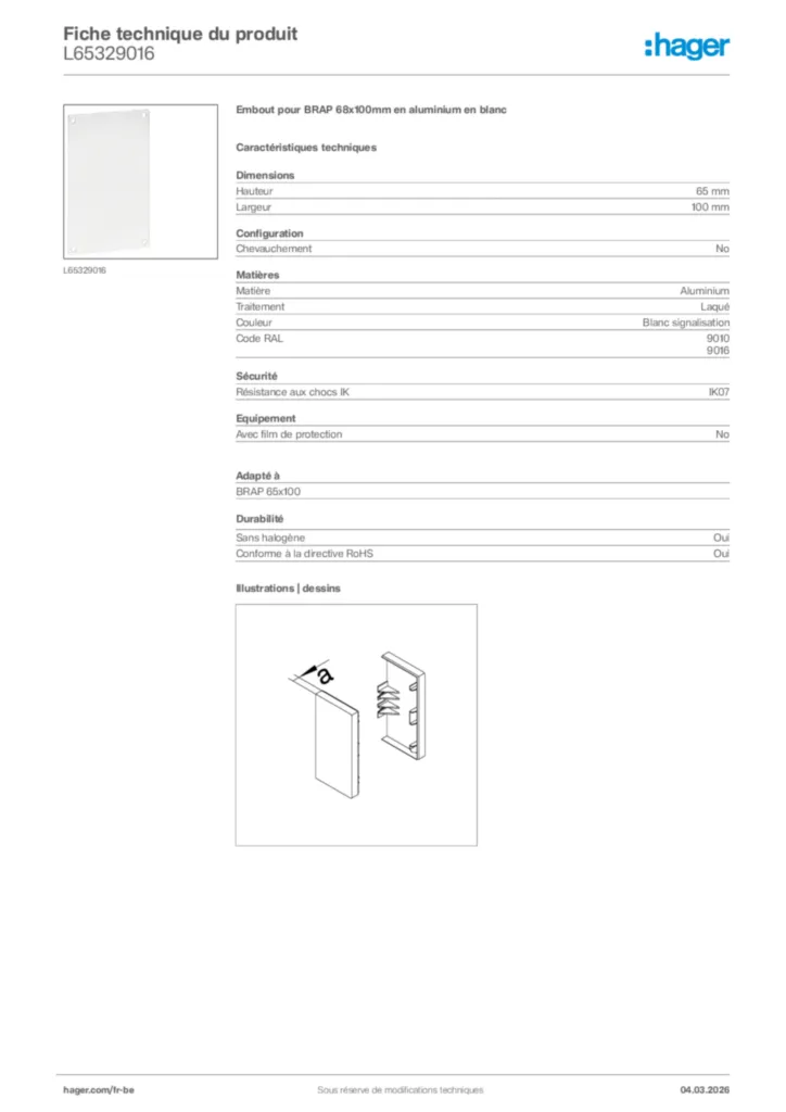 Image Hager Fiche technique du produit L65329016 | Hager Belgique
