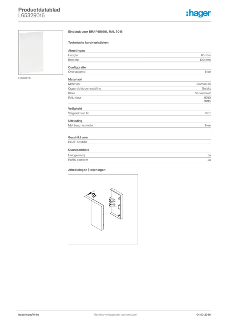 Afbeelding Hager Productdatablad L65329016 | Hager Belgium