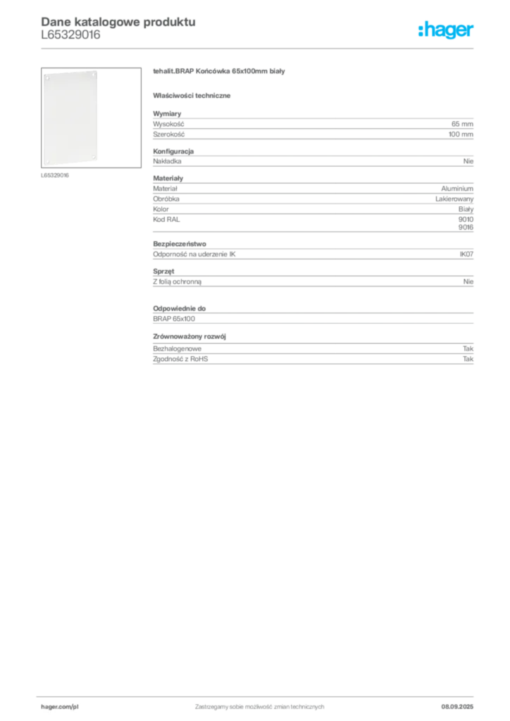 Zdjęcie Hager Dane katalogowe produktu L65329016 | Hager Polska