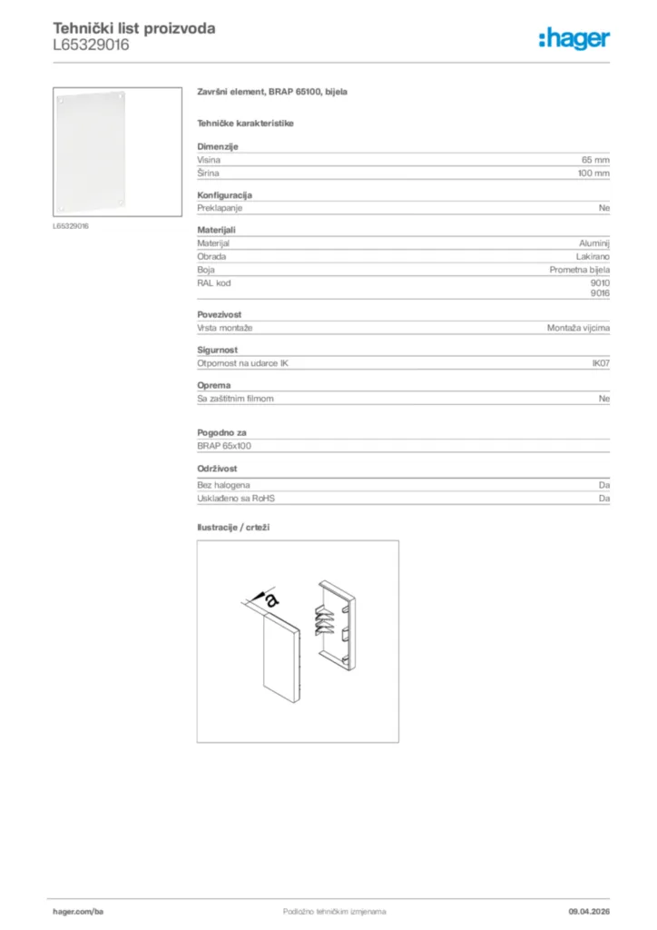 Slika Hager Tehnički list proizvoda L65329016  | Hager