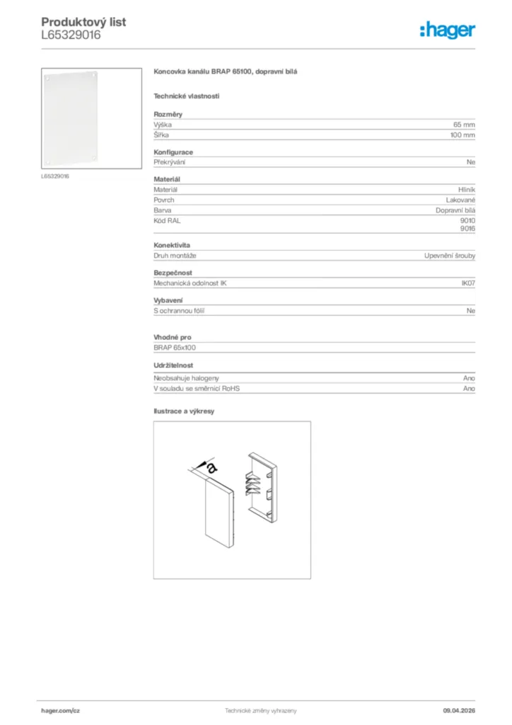 Obrázek Hager Product data sheet L65329016 | Hager