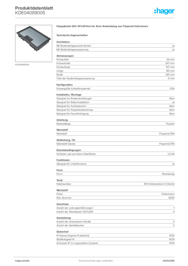 Bild Hager Produktdatenblatt KDE04089005 | Hager Deutschland