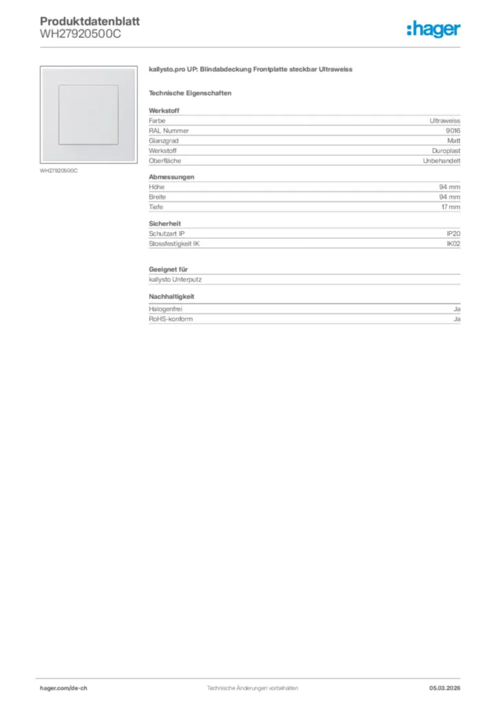 Bild Hager Produktdatenblatt WH27920500C | Hager Schweiz