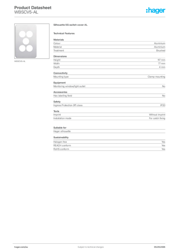 Image Hager Product data sheet WBSCV5-AL  | Hager Australia