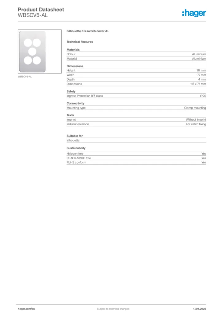Image Hager Product data sheet WBSCV5-AL  | Hager Australia