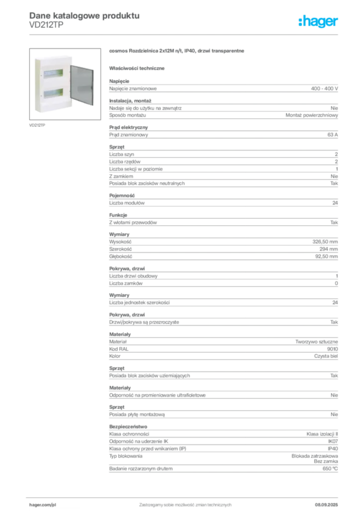 Zdjęcie Hager Dane katalogowe produktu VD212TP | Hager Polska