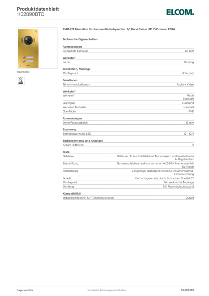 Bild Elcom Produktdatenblatt 1102890BTC | Hager Deutschland