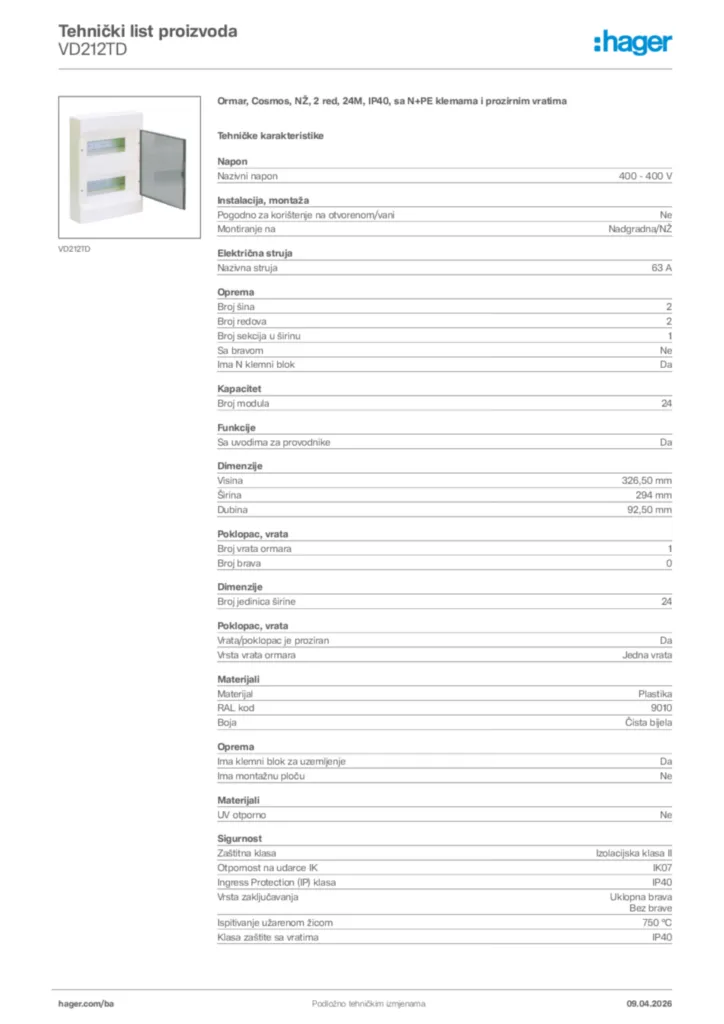 Slika Hager Tehnički list proizvoda VD212TD  | Hager