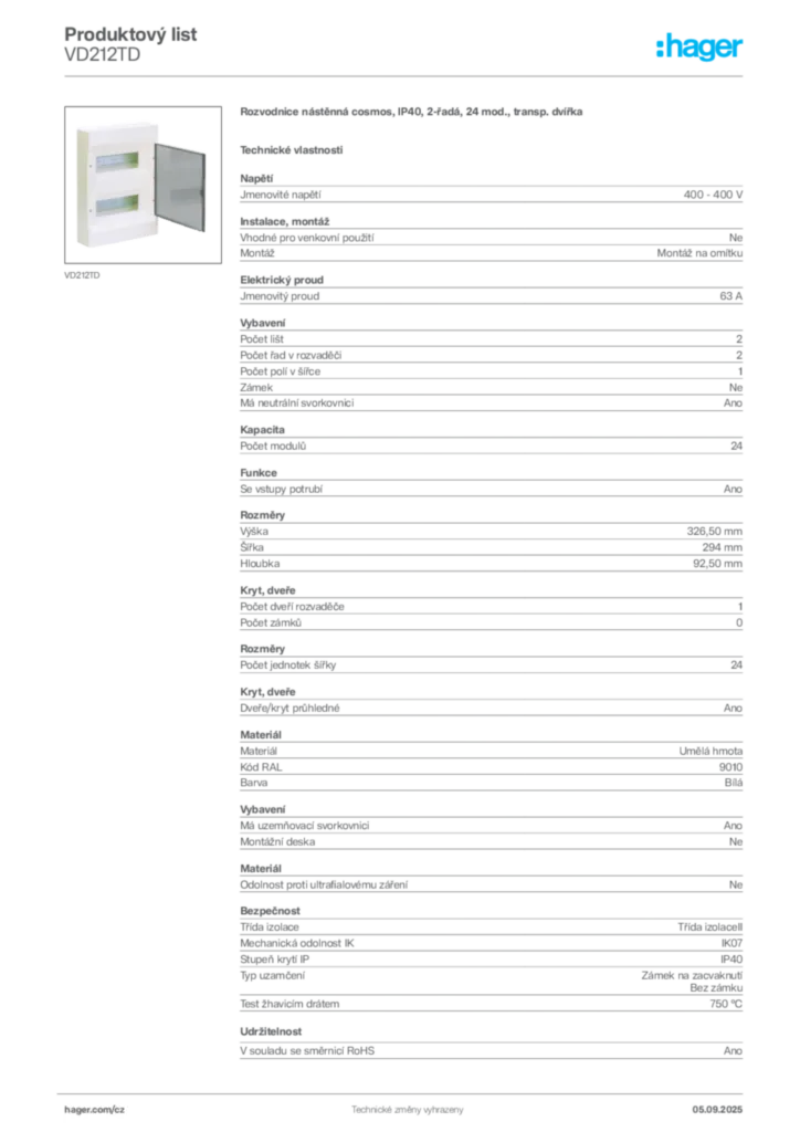 Obrázek Hager Produktový list VD212TD | Hager